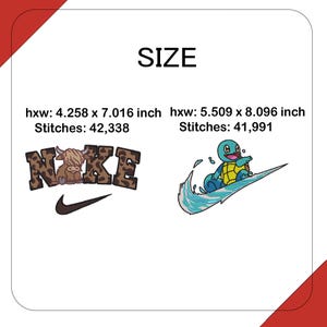 May include: Two embroidered patches. One features a brown and tan highland cow with the word "NIKE" in a brown leopard print font, and a black swoosh. The other shows a blue turtle riding a wave with the Nike swoosh.