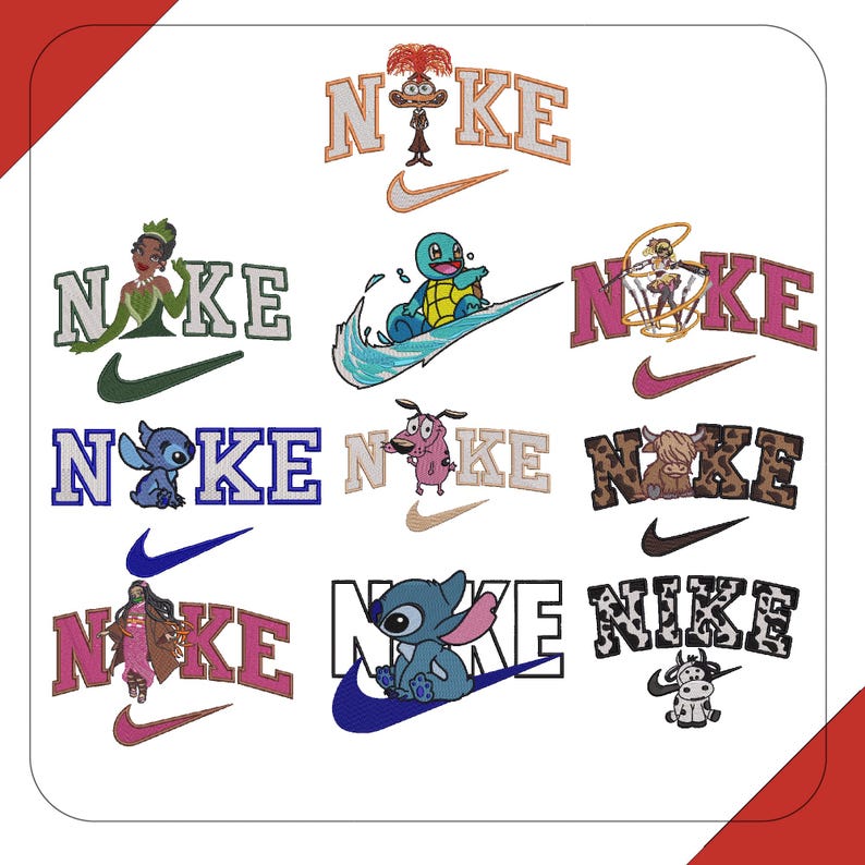 May include: A collection of embroidered patches featuring the Nike logo with various cartoon characters. The patches showcase characters like Tiana, Stitch, and Courage the Cowardly Dog, with the Nike swoosh in different colors.
