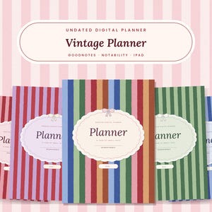 May include: A set of undated digital planners featuring vertical striped covers in various colors. Each planner has a central scalloped label with the text Planner. The top header reads Undated Digital Planner Vintage Planner Goodnotes Notability Ipad.