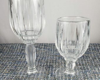 Vintage Clear Pressed Glass Goblets Optic Paneled Pedestal Stemware Set of 2