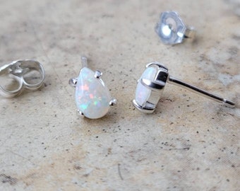 Opal earrings - Genuine Opal 6mm x 4mm pear (October Birthstone) stud earrings in Sterling Silver or Gold. Pear shape real Opal earrings