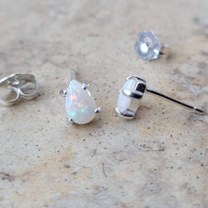 Opal earrings - Genuine Opal 6mm x 4mm pear (October Birthstone) stud earrings in Sterling Silver or Gold. Pear shape real Opal earrings