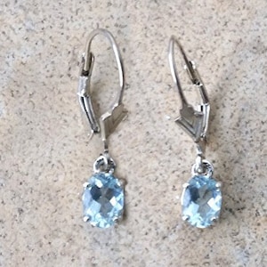 Genuine Aquamarine oval dangle earrings in Sterling Silver or Gold