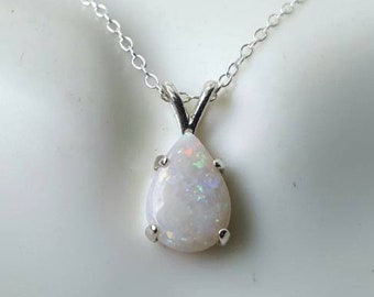 Opal Necklace - Genuine Opal (October Birthstone) drop necklace - 10mm x 7mm in Sterling Silver or Gold