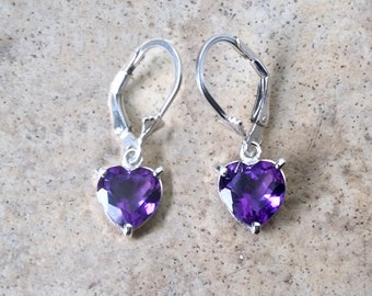 Amethyst hearts -3cts - dangling earrings in Sterling Silver - genuine Amethyst - February birthstone