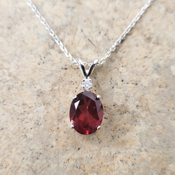 Garnet and Diamond Necklace - Genuine Garnet and diamond pendant in Sterling Silver or Gold