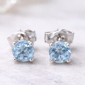 4mm Aquamarine Stud Earrings • March Birthstone • Sterling Silver or 14K Gold • Handmade Dainty Blue Gemstone