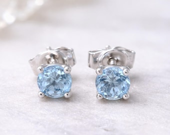 4mm Aquamarine Stud Earrings • March Birthstone • Sterling Silver or 14K Gold • Handmade Dainty Blue Gemstone