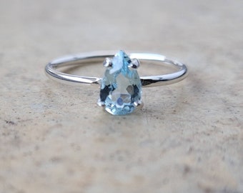Aquamarine Ring, Genuine Aquamarine pear shape ring - 8mm x 5mm natural Aquamarine ring - Engagement ring in Sterling Silver or Gold