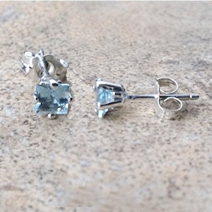 4mm genuine Aquamarine square stud earrings in Sterling Silver image 1