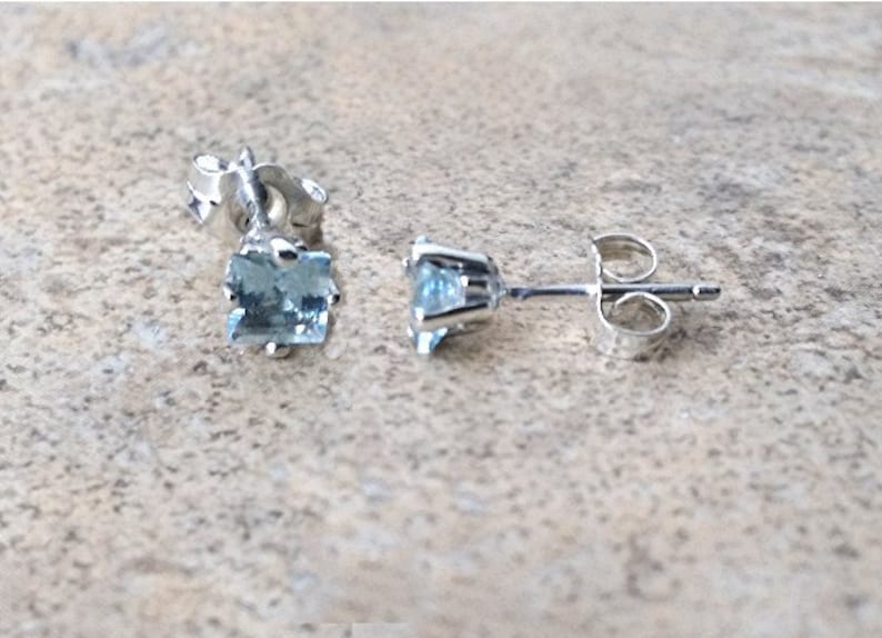 4mm genuine Aquamarine square stud earrings in Sterling Silver image 1