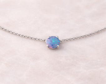 Genuine Opal (October Birthstone) 5mm doublet choker necklace in Sterling Silver or Gold - minimalist choker