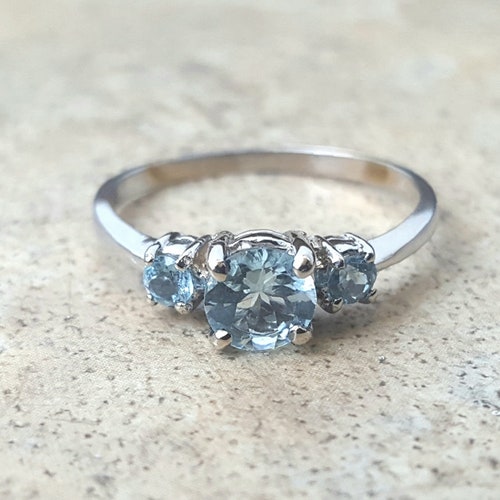 Aquamarine Ring 3 Stone Ring in Sterling Silver or Gold - Etsy