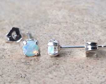 Genuine Opal studs- 3mm (October Birthstone)  earrings in Sterling Silver.