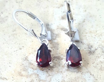 Garnet earrings - Garnet dangle earrings - 8mm x 5mm drop earrings in Sterling Silver or Gold