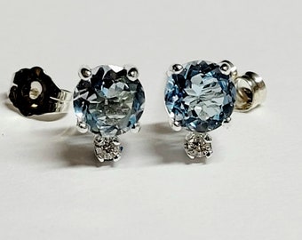 Aquamarine & Diamond stud earrings- 1 carat genuine Aquamarine and Diamond earrings in Silver or Gold