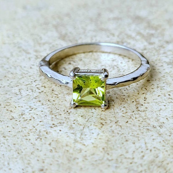 Genuine Peridot Ring in Sterling Silver or Gold -  6mm square natural Peridot Ring