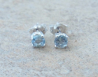 Aquamarine Earrings - 4mm genuine Aquamarine stud earrings in Sterling Silver or Gold