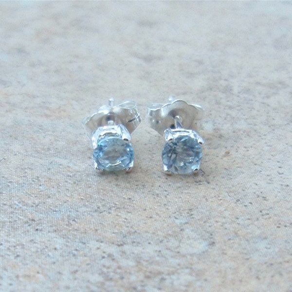 Aquamarine Earrings - 4mm genuine Aquamarine stud earrings in Sterling Silver or Gold