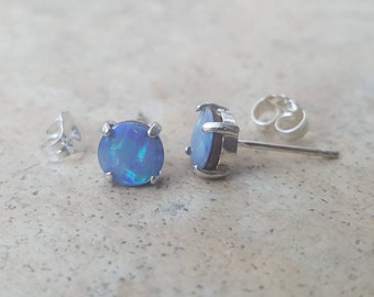 Genuine Opal 6mm doublet stud earrings in Sterling Silver - (October Birthstone).