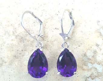 Amethyst earrings - Large Amethyst dangle earrings in Sterling Silver or Gold - February birthstone