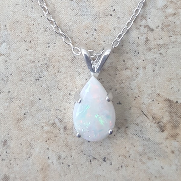 Opal Necklace - Genuine Opal (October Birthstone) drop necklace - 9mm x 6mm in Sterling Silver or Gold