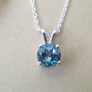London Blue Topaz Necklace - Genuine London Blue Topaz 6mm pendant necklace with chain in Sterling Silver or Gold