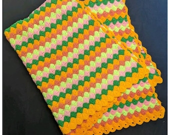 Vintage Afghan Retro 70er Jahre Häkeldecke Orange Rosa Grün Boho Decke