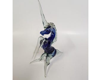 Große mundgeblasene Glas Pferd Kobalt Blau Klar