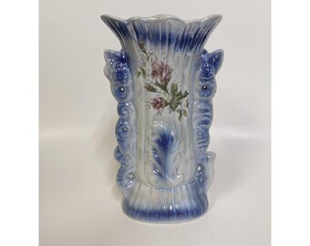 Vintage Blaue Lusterware Vase Porzellan Rosa Rosen 20 cm hoch schmal Cottagecore