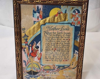 Vintage Frame A Buzza Motto Poem " Mother Love" Since The Earth Began....