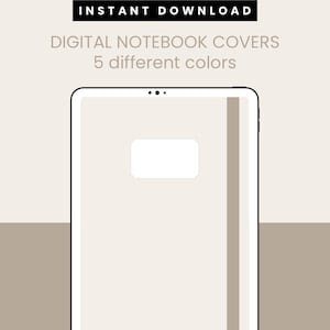 Può includere: Design di copertina per notebook digitale con una palette di colori neutri. L'immagine presenta una forma simile a un tablet con una copertina bianca e una striscia verticale beige. Il testo recita "DOWNLOAD IMMEDIATO" e "DIGITAL NOTEBOOK COVERS 5 colori diversi."