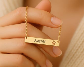 Collar con nombre grabado en oro de 14 quilates con huella de pata, collar personalizado con el nombre de tu mascota, joyería con huella de perro, regalo para amantes de los animales, collar conmemorativo para mascotas