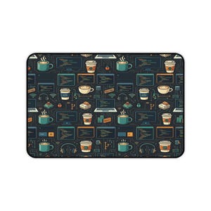 May include: A rectangular desk mat featuring a dark grey background with a repeating pattern of computer code windows, laptops, headphones, and coffee cups in shades of teal, orange, and cream, connected by thin lines resembling circuit board paths.