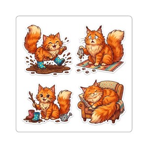 May include: A sticker sheet featuring four illustrations of a fluffy orange cat. One cat jumps in a mud puddle wearing blue boots, another holds a dirty cloth on a rug, one sits with a stick and boots, and the last sleeps in an armchair.