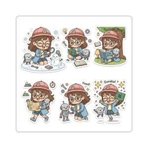Girl Inventor Stickers kiss-cut sticker sheet | Cartoon scientist, robot companion, cozy scenes