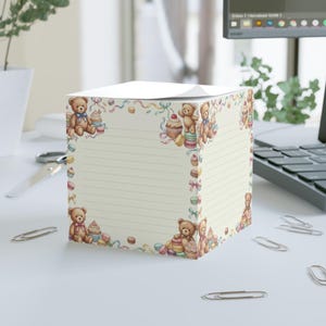 Teddy Bear Note Cube — Lined Sticky Memo Block with Cute Cupcakes & Macarons