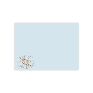 May include: A light blue rectangular stationery card featuring a watercolor illustration in the bottom left corner. The design includes a double helix DNA strand, various colorful molecular structures, and laboratory glassware like beakers.