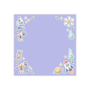 May include: A square light purple background featuring a border of science-themed illustrations including a microscope, telescopes, a DNA strand, an atom, a flask, a rocket ship, a planet with rings, small green leaves, and yellow four-pointed stars.