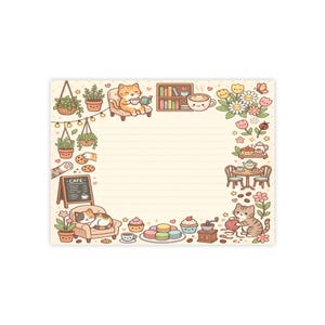 Cat Café Lined Notepad – Floral Macaron & Potted Plant Illustrations