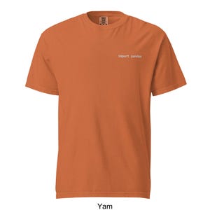 Pode incluir: Camiseta laranja de manga curta com o texto branco "Import pandas" no peito. A camiseta &eacute; feita de um material macio e est&aacute; rotulada como "Yam" na parte inferior.