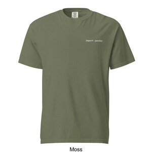 Pode incluir: Uma t-shirt verde musgo com mangas curtas. O texto "import pandas" est&aacute; impresso em branco na parte superior do peito. A t-shirt tem gola redonda e uma etiqueta na gola. A cor da t-shirt est&aacute; rotulada como "Moss" na parte inferior.