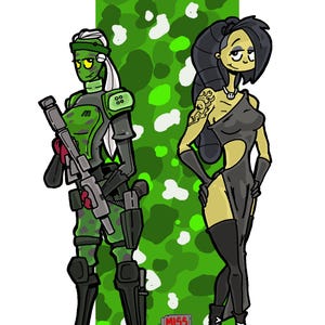 Könnte beinhalten: Cartoon-Illustration mit zwei Figuren vor einem grünen Tarnhintergrund. Eine Figur trägt grüne und graue Commando-Ausrüstung und hält ein Gewehr. Die andere Figur trägt ein schwarzes Kleid. Der Text lautet "GO COMMANDO" und "MISS THE POINT."