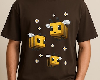 Unisex Pixel Bienen Spiel T-Shirt Gemütliches Pixel Art Rundhals T-Shirt