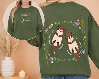 Sudadera de nutria, regalo de San Valentín, parte delantera y trasera, para amantes de las nutrias, cuello redondo, acogedor, con animales de la naturaleza, suéter unisex romántico y bonito
