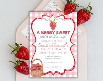 Berry Sweet Baby Shower Invitation, Girl Canva Template (Digital Download)