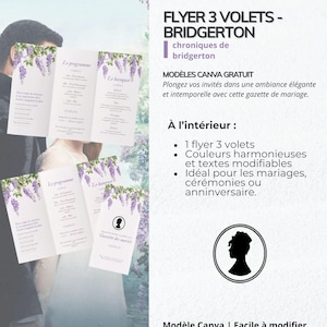 Peut inclure: Un modèle de flyer à trois volets avec un motif floral de glycine violette et blanche. Le texte est en français, avec le titre "FLYER 3 VOLETS - BRIDGERTON". Idéal pour les mariages et cérémonies.