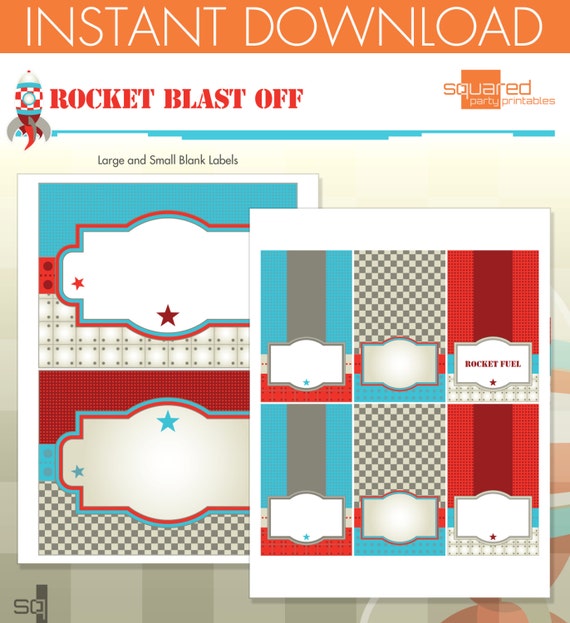 Spaceship Rocket Ship Birthday Party Printables - Blank Party Labels - DIY Print - Blast Off - Instant Download Il_570xn