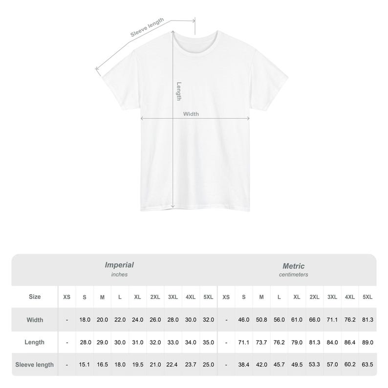 T-shirt size chart and fit guide, unisex sizing reference, minimalist apparel measurement chart