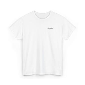 May include: A plain white t-shirt with the word "aligned" printed in black on the upper chest. The shirt has short sleeves and a crew neck. The material looks like a soft cotton blend.